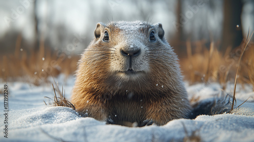 A groundhog retreating into its burrow surrounded by snow-covered ground, frost on the grass and a cold, overcast sky creating a somber atmosphere photo