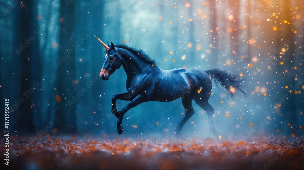 Obraz premium A majestic unicorn gallops through a starlit forest, captured in a high angle shot to enhance the fantasy vibe