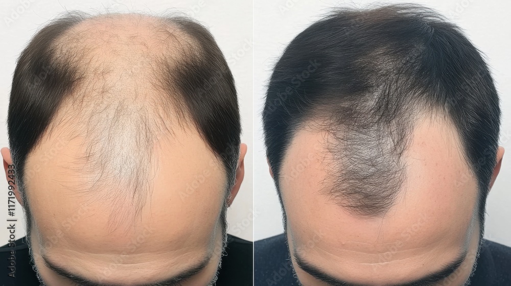 Before and after views of successful hair restoration treatment. Transformation showcasing renewed confidence and improved appearance through advanced medical solutions. Before and after views of successful hair restoration treatment. Transformation showcasing renewed confidence and improved appearance through advanced medical solutions.