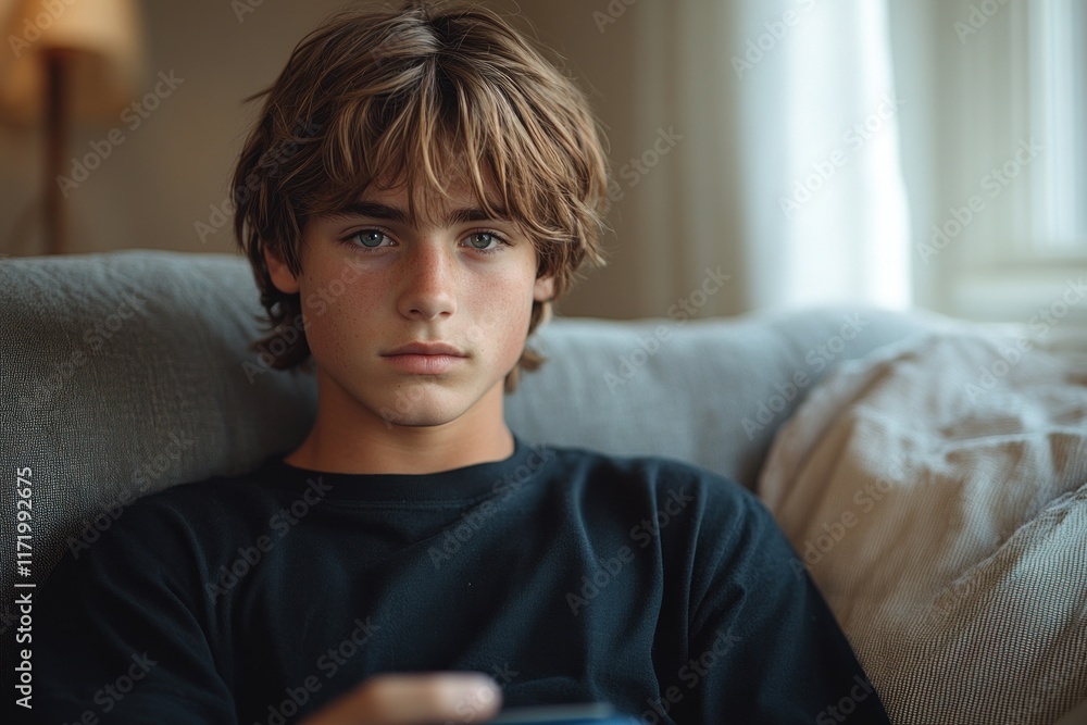 Obraz premium Young Man Operating Smartphone on Couch in Modern Lifestyle Scene