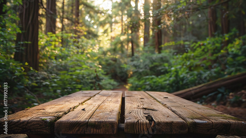 rustic wooden table in a serene forest setting with sunlight and greenery