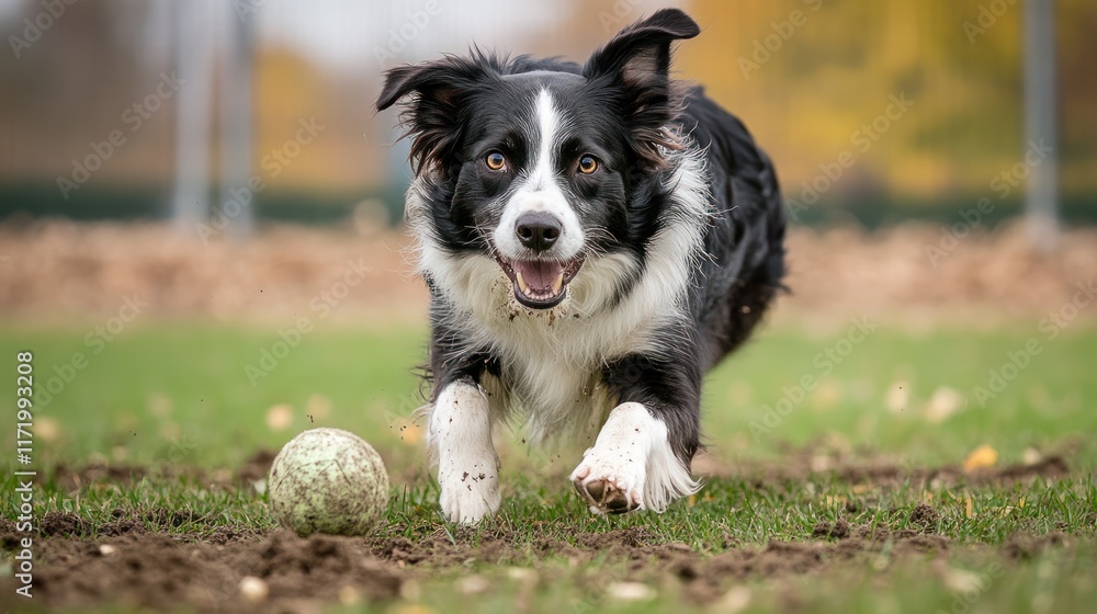 A playful dog eagerly runs towards a ball in a grassy field during autumn. A playful dog eagerly runs towards a ball in a grassy field during autumn.