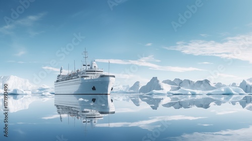A majestic ship sailing past towering icebergs in polar waters, soft natural light, empty space on the right side,generative ai illustration