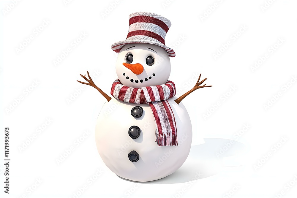 Cheerful cartoon snowman wearing a striped scarf and hat standing with open arms in a winter wonderland setting