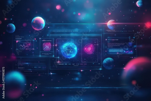 A spacethemed website concept with floating planets, glowing stars, and an interactive 3D UI, Astronomical, Digital illustration photo