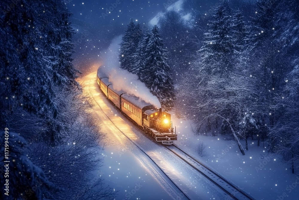 Snow-covered train traveling along tracks through a winter forest under a night sky illuminated by soft light. Generative AI Snow-covered train traveling along tracks through a winter forest under a night sky illuminated by soft light. Generative AI