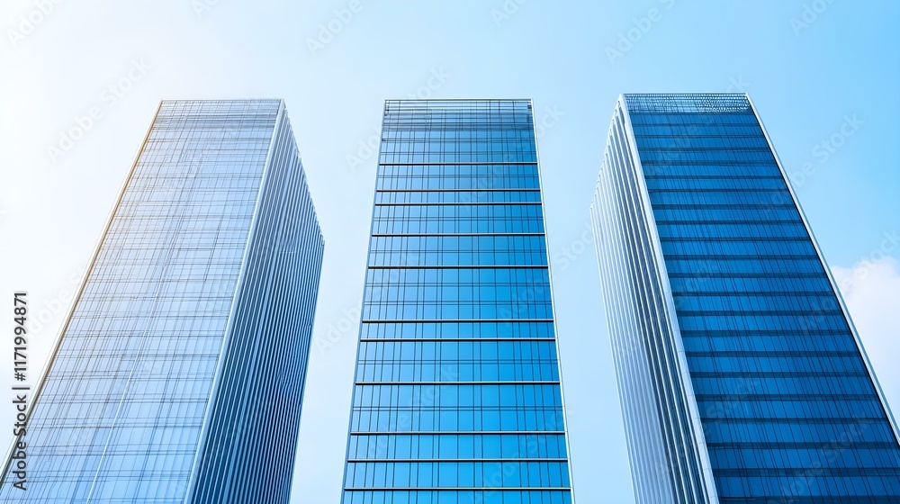 Modern Glass Skyscrapers Reaching Towards Blue Sky with Bright Sunlight Reflections in Urban Landscape Modern Glass Skyscrapers Reaching Towards Blue Sky with Bright Sunlight Reflections in Urban Landscape