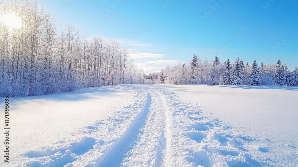 A winter outdoor adventure scene with a snow-covered trail, bright sunlight filtering through trees, shot from a ground level A winter outdoor adventure scene with a snow-covered trail, bright sunlight filtering through trees, shot from a ground level