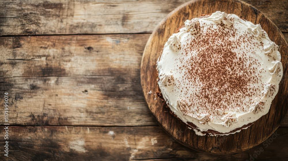 Delicious rustic ice cream cake on wooden table, topped with creamy frosting and cocoa powder, perfect for celebrations and gatherings Delicious rustic ice cream cake on wooden table, topped with creamy frosting and cocoa powder, perfect for celebrations and gatherings
