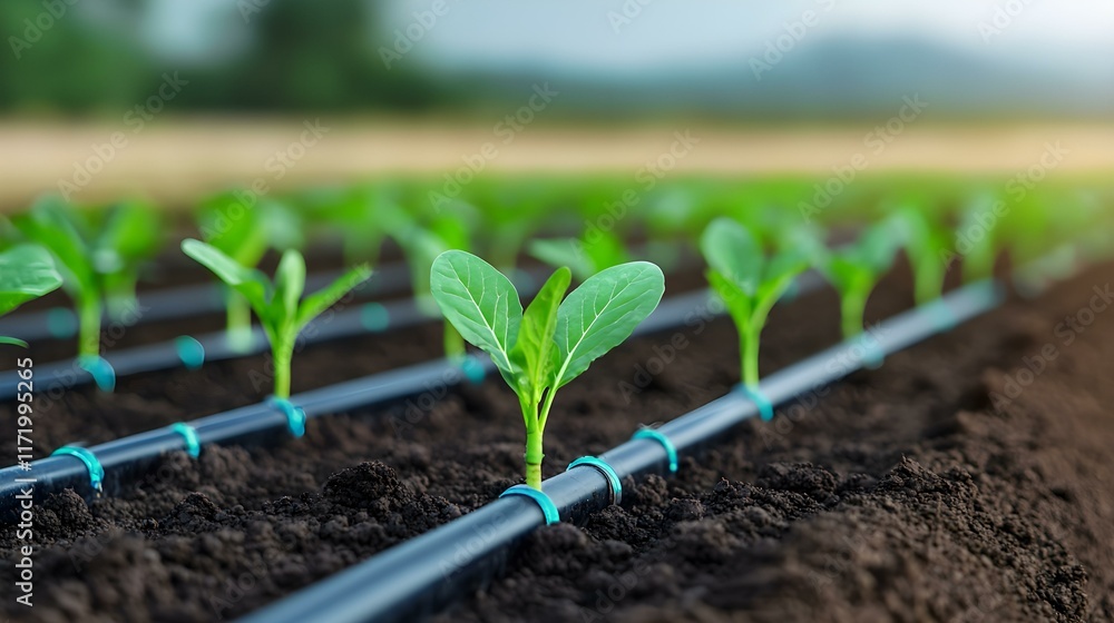 Close-Up View of Young Green Seedlings in a Modern Agricultural Field with Irrigation System and Rich Dark Soil Under Natural Light Close-Up View of Young Green Seedlings in a Modern Agricultural Field with Irrigation System and Rich Dark Soil Under Natural Light