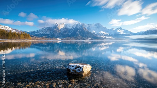 A breathtaking view of a serene mountain lake reflecting the sky, surrounded by snow-capped peaks and lush evergreens, creating a tranquil and picturesque scene. photo