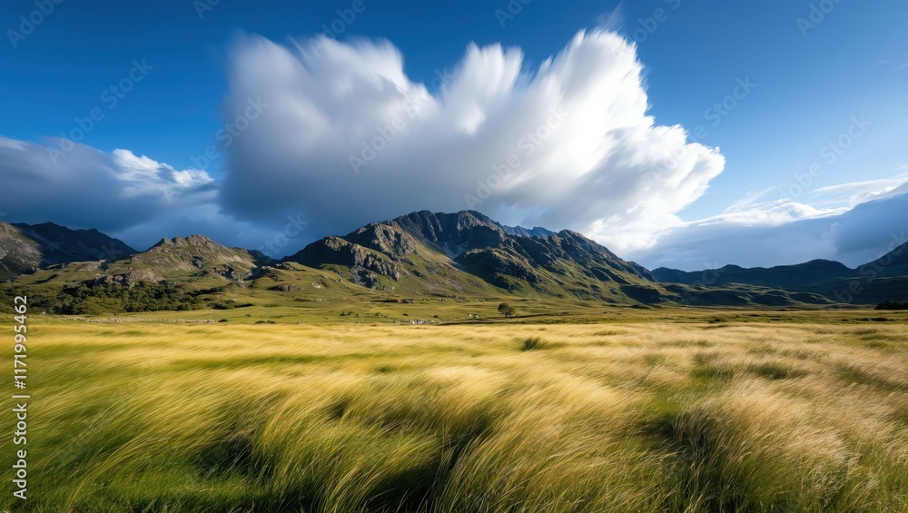 Fototapeta premium A breathtaking view of majestic mountains and vast, swaying grasslands under a dynamic, cloud-filled sky, evoking a sense of peace and connection with nature's beauty.