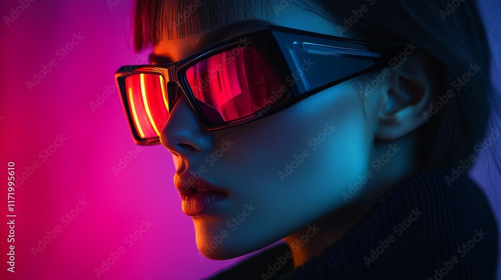 Stylish portrait of a woman in pink and blue lighting with reflective sunglasses Stylish portrait of a woman in pink and blue lighting with reflective sunglasses