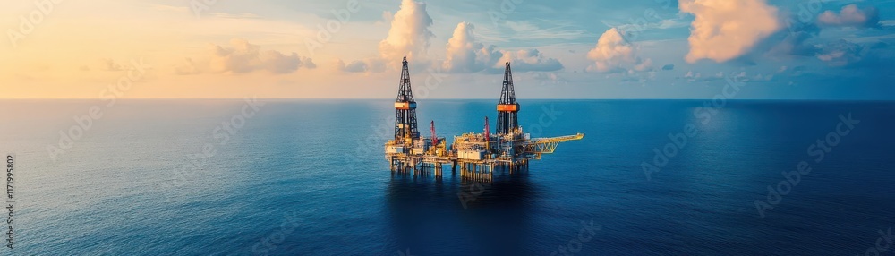 Aerial view of oil platforms in the ocean, deep blue waters, soft clouds, realistic photography Aerial view of oil platforms in the ocean, deep blue waters, soft clouds, realistic photography