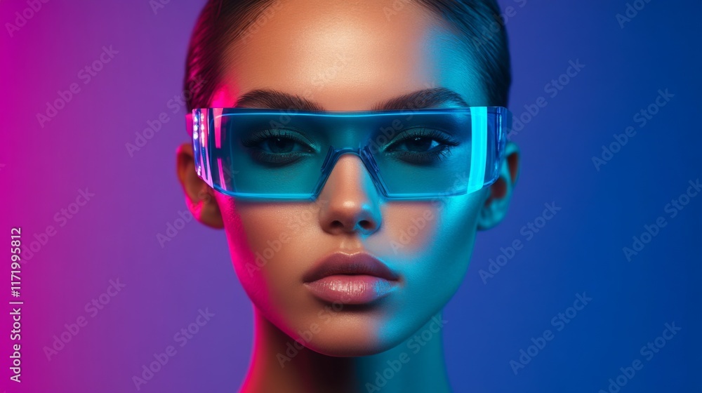 Stylish woman wearing futuristic sunglasses in vibrant neon lighting Stylish woman wearing futuristic sunglasses in vibrant neon lighting
