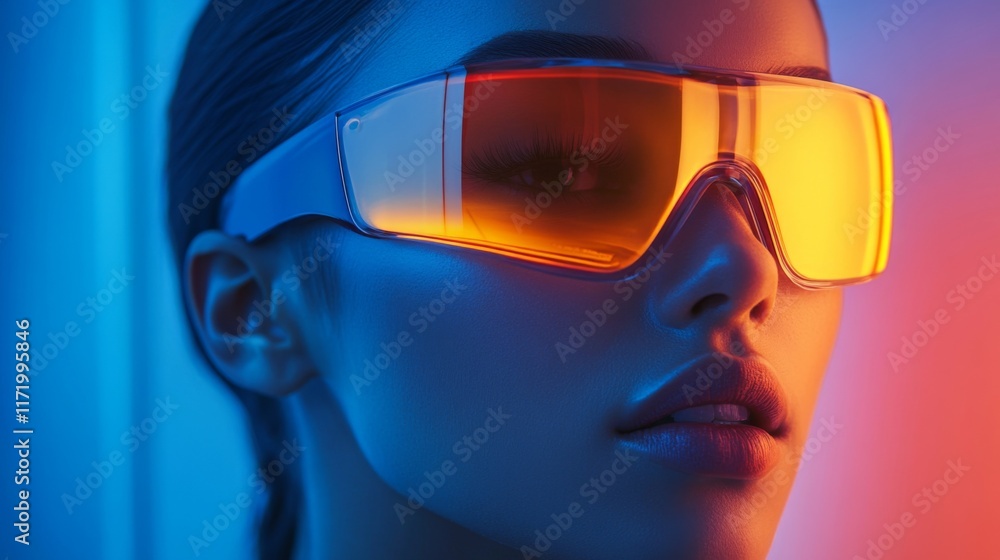 Close-up of a woman with futuristic yellow sunglasses and glowing neon lights Close-up of a woman with futuristic yellow sunglasses and glowing neon lights