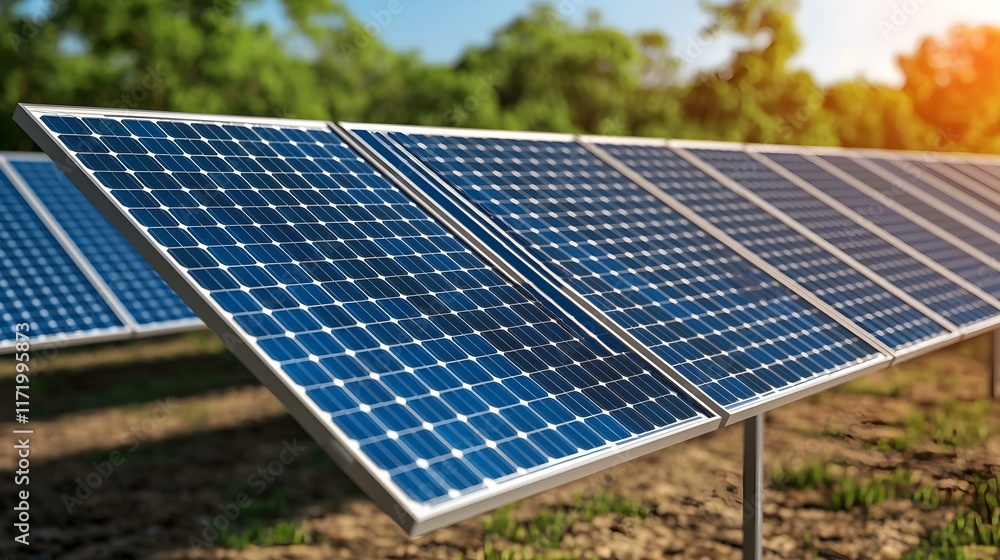 Close-Up View of Sunlight Reflecting on Solar Panels in a Green Field Highlighting Renewable Energy Solutions and Sustainable Practices Close-Up View of Sunlight Reflecting on Solar Panels in a Green Field Highlighting Renewable Energy Solutions and Sustainable Practices