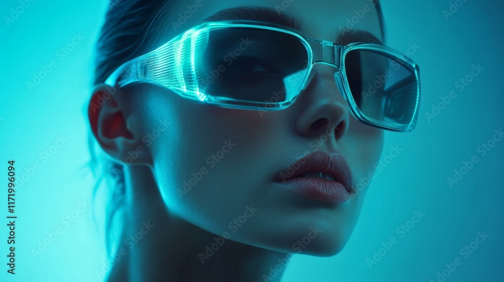 Stylish woman in futuristic sunglasses with glowing neon blue and pink lighting Stylish woman in futuristic sunglasses with glowing neon blue and pink lighting