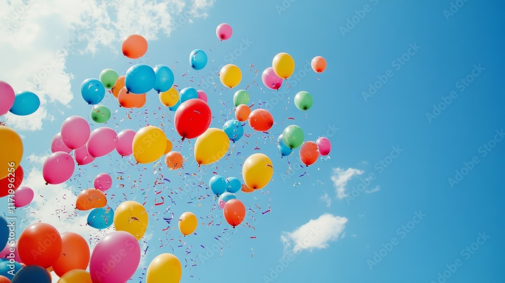 Cluster of colorful balloons floating against a bright blue sky