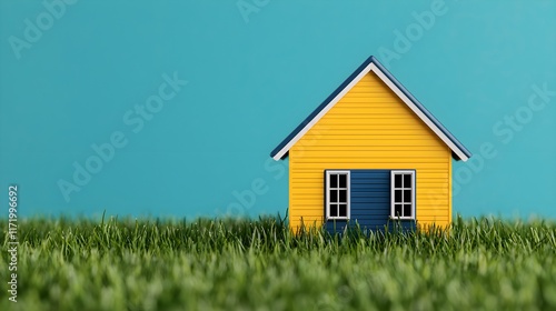 Wallpaper Mural Bright and Cheerful Miniature House with Yellow Exterior and Blue Door Surrounded by Lush Green Grass Against a Light Blue Background Torontodigital.ca