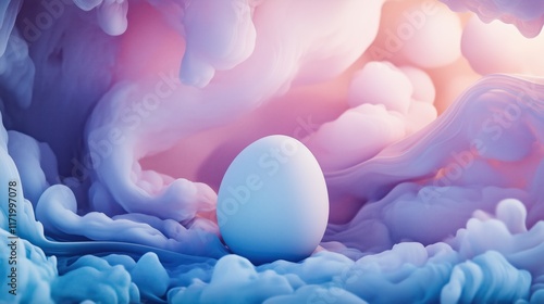 White Easter egg surrounded by blue and violet hued wispy cloudlike formation for high end department store Easter advertisement. photo