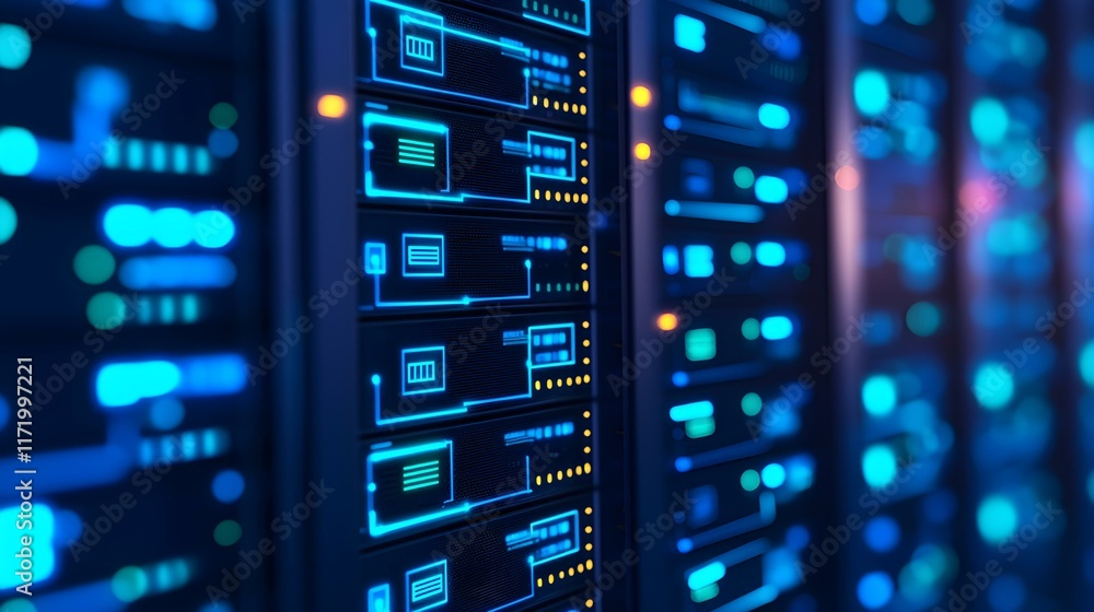 Close-Up View of Data Center Server Racks with Glowing Lights and Digital Elements Representing Modern Information Technology Close-Up View of Data Center Server Racks with Glowing Lights and Digital Elements Representing Modern Information Technology
