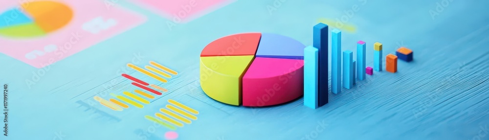 Obraz premium Audience insights dashboard visualized as colorful pie charts and bar graphs, sleek modern interface, vibrant palette
