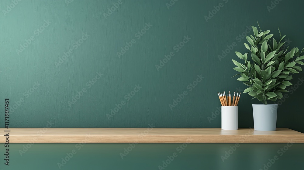 Minimalist wooden shelf against a teal wall with pencils and a potted plant. Minimalist wooden shelf against a teal wall with pencils and a potted plant.