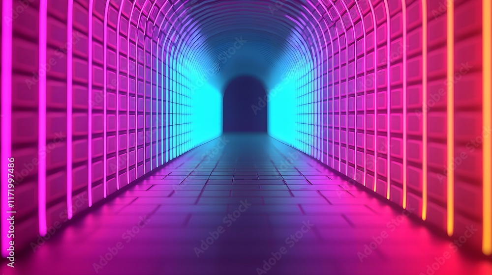 Neon Tunnel with Vibrant Colors and Futuristic Design, Lighted Walls in Blue and Pink, Modern Underground Passageway for Creative Projects, Abstract Background, Art Installation Neon Tunnel with Vibrant Colors and Futuristic Design, Lighted Walls in Blue and Pink, Modern Underground Passageway for Creative Projects, Abstract Background, Art Installation