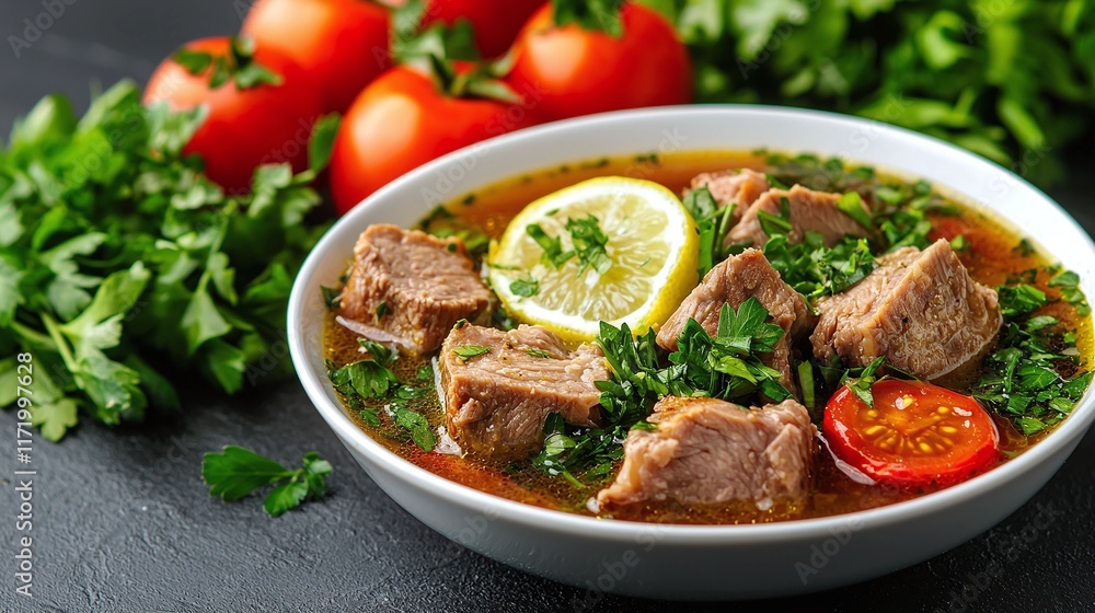 Delicious meat soup with lemon and parsley in a bowl. Delicious meat soup with lemon and parsley in a bowl.