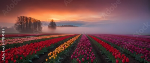 Vast fields of tulips stretching endlessly showcasing brilliant colors