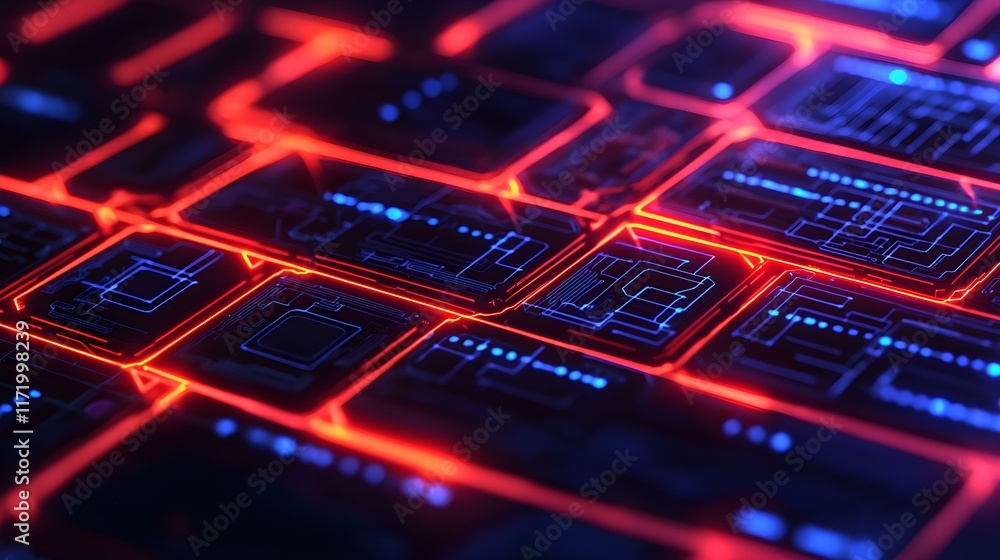 Abstract Digital Technology Background with Neon Lines and Circuit Board Patterns Illuminated in Blue and Red Colors Abstract Digital Technology Background with Neon Lines and Circuit Board Patterns Illuminated in Blue and Red Colors