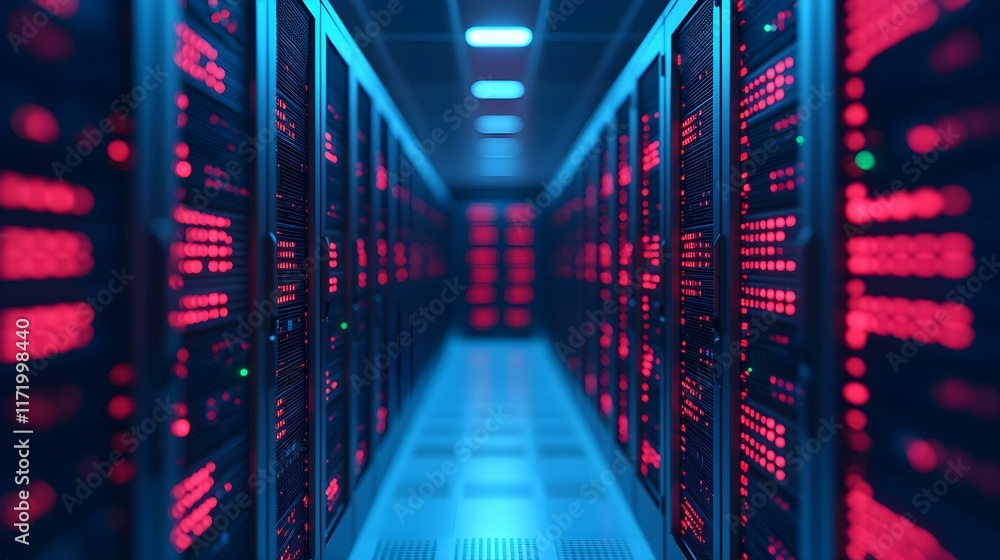 Data Center Aisle with Rack Servers Illuminated by Red LED Lights in a Modern Technological Environment
