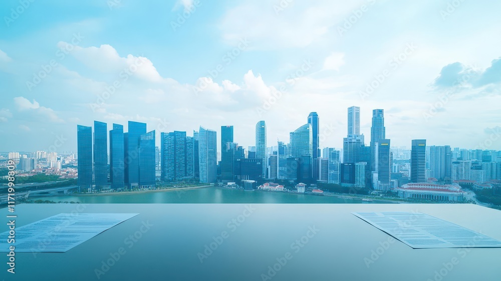 Obraz premium City skyline view from a conference room with investor documents on the table, contextual investor focus