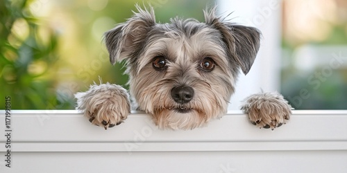 Pet hiding playful innocence concept. A small, curious dog peeks over a white fence with a soft expression, surrounded by greenery, showcasing a playful and friendly demeanor. photo