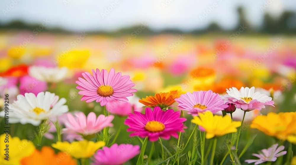 Obraz premium Colorful flower field in bloom, bright sunlight, close-up shot celebrating vibrant flora in nature