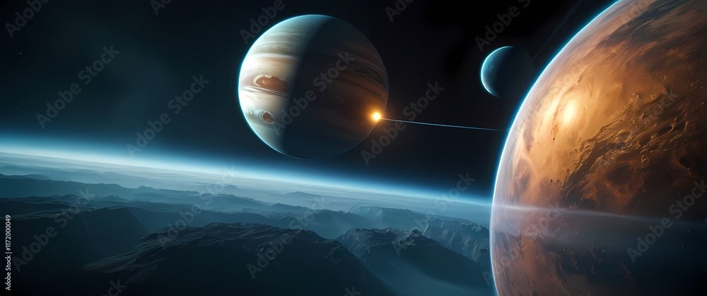 Naklejka premium Vivid representations of planets with detailed textures and rings captured in space art