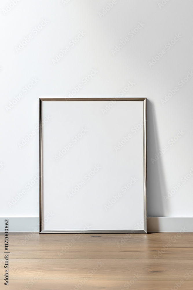 Silver mock up poster frame on the wooden floor by the wall Silver mock up poster frame on the wooden floor by the wall