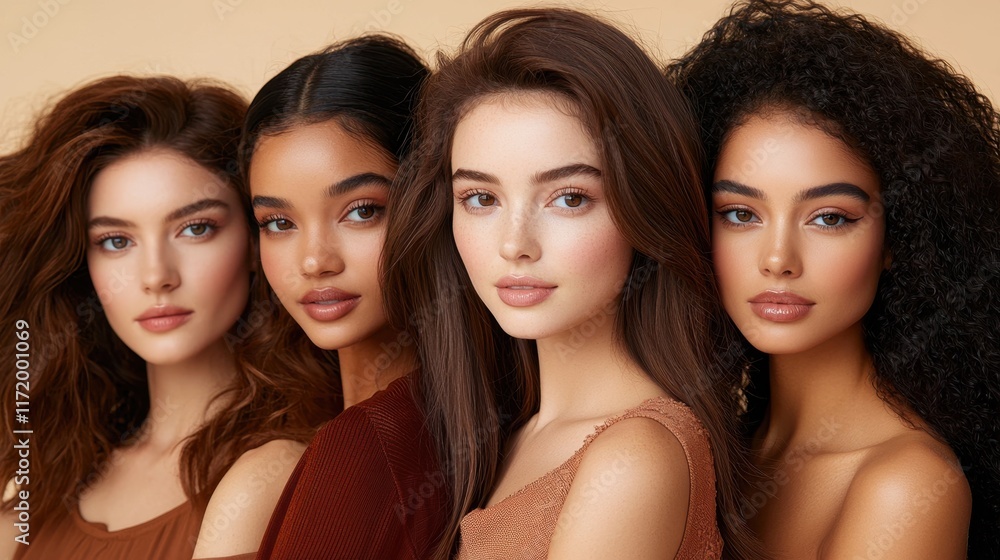 A striking image capturing a diverse group of stunning women of different ethnicities, showcasing their natural beauty and flawless, radiant skin A striking image capturing a diverse group of stunning women of different ethnicities, showcasing their natural beauty and flawless, radiant skin