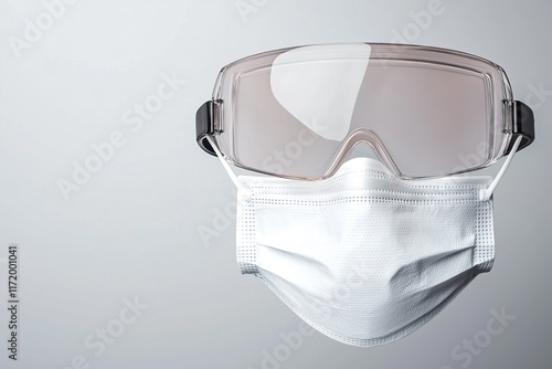 Image of protective eyewear paired with a face mask, emphasizing safety and health precautions in a minimalist style.