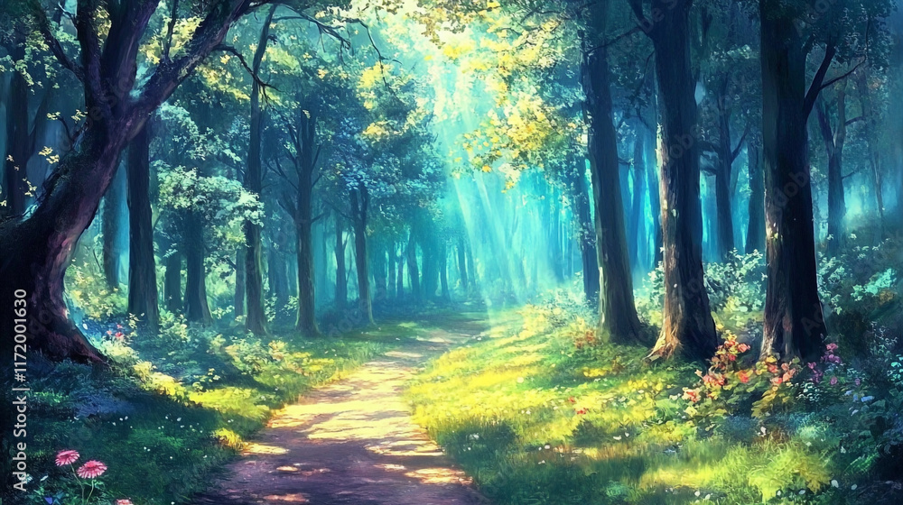 Naklejka premium Sunlight filters through a serene forest, creating a magical pathway for exploration