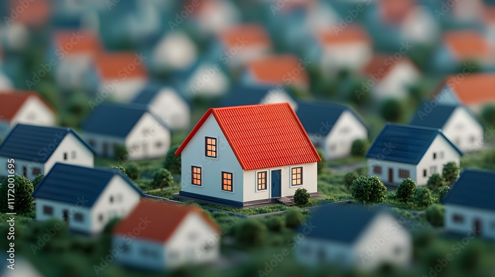 Charming Model House with Red Roof Surrounded by Miniature Homes in Blurred Background Charming Model House with Red Roof Surrounded by Miniature Homes in Blurred Background