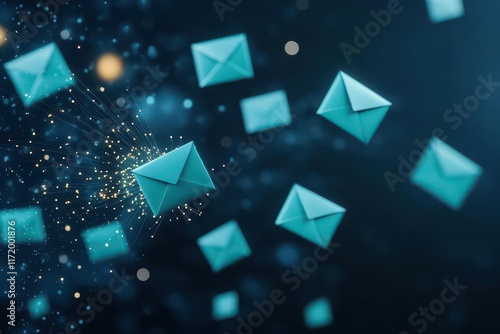 Email marketing scene, envelops flying with digital connections, 3D illustration photo