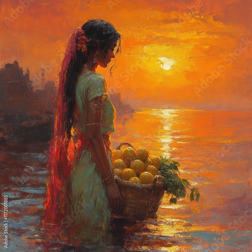 Serene Sunset Tradition of Chhath Puja and Fruit Offerings by the River photo