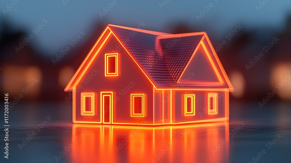 Glowing Model House with Neon Effect and Reflections on Smooth Surface at Dusk Glowing Model House with Neon Effect and Reflections on Smooth Surface at Dusk