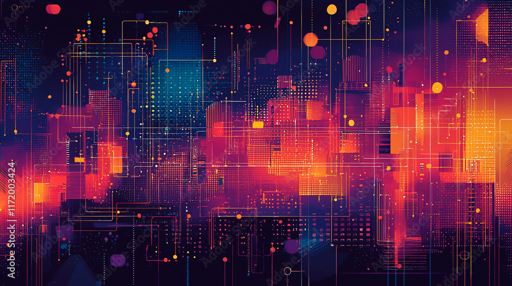 Fototapeta premium Abstract digital art featuring vibrant colors and geometric shapes, evoking technology themes.