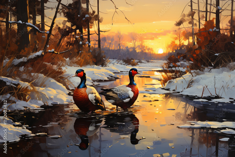wild geese in a forest river in winter,