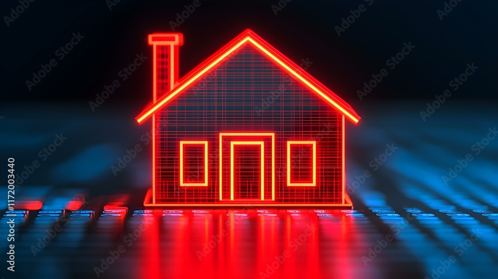 Futuristic Digital House Outline with Neon Glow on Technology Background Futuristic Digital House Outline with Neon Glow on Technology Background