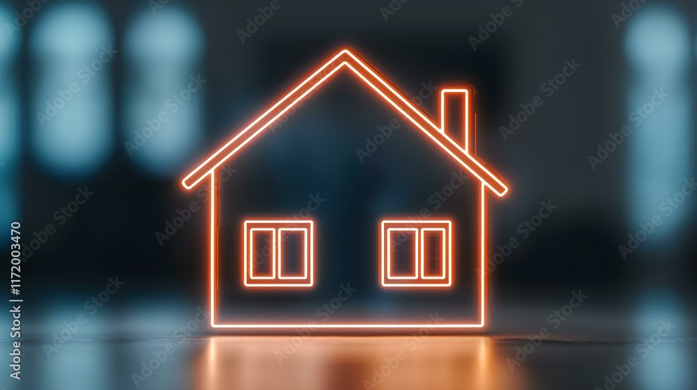 Neon outline of a house symbol glowing in a modern indoor space with blurred background and warm light Neon outline of a house symbol glowing in a modern indoor space with blurred background and warm light