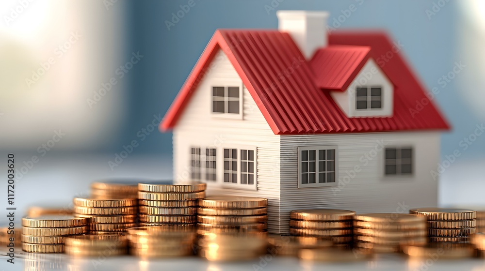 Model house surrounded by stacks of golden coins symbolizing real estate investment and financial growth opportunities Model house surrounded by stacks of golden coins symbolizing real estate investment and financial growth opportunities